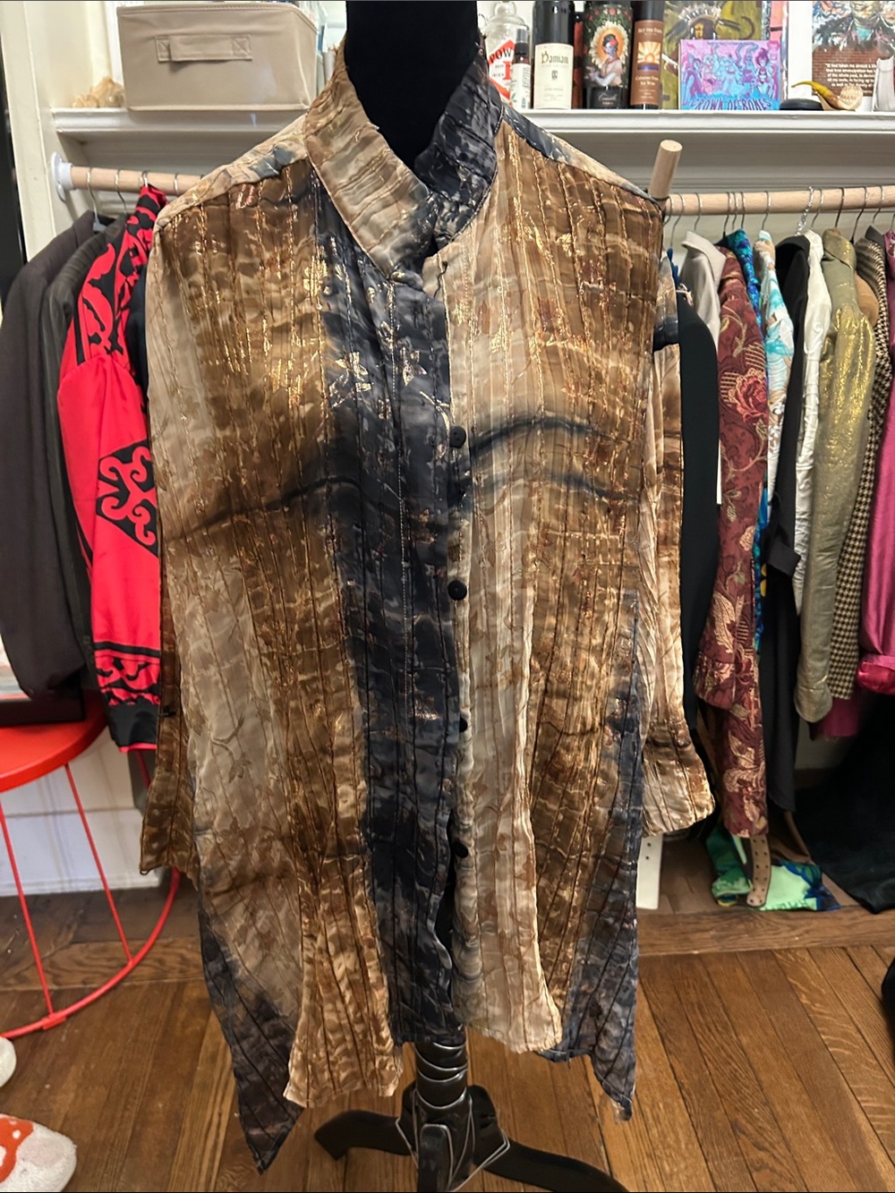 Silky Tunic-Style Brown and Black Tie-Dye Flowy Button Front Top